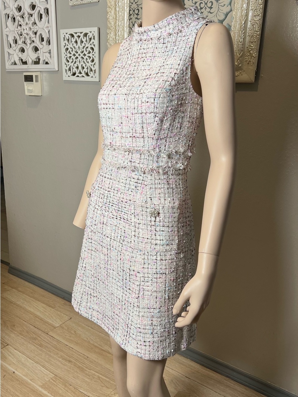 Sleeveless Tweed A-Line Dress in Pastel Pink - Picture 6 of 15